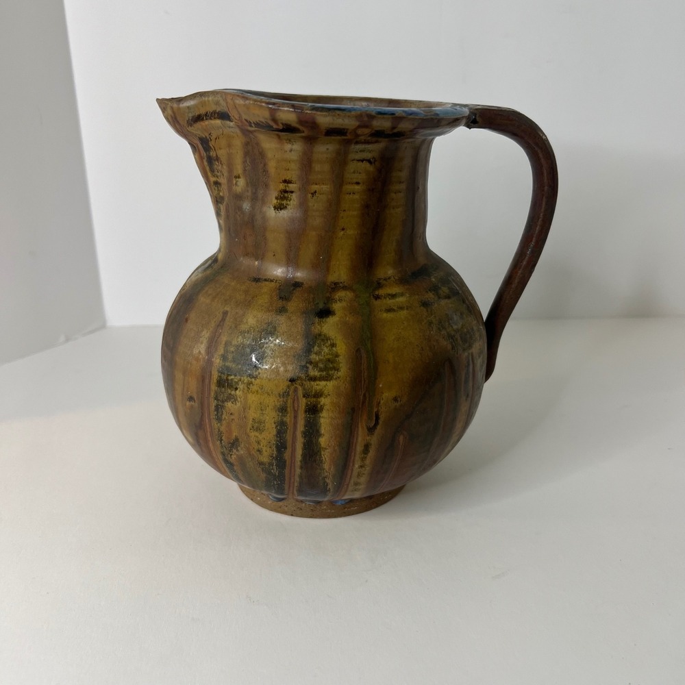Vintage Earthenware Pottery Pitcher Drip Style Abstract Glaze Design 7.5"